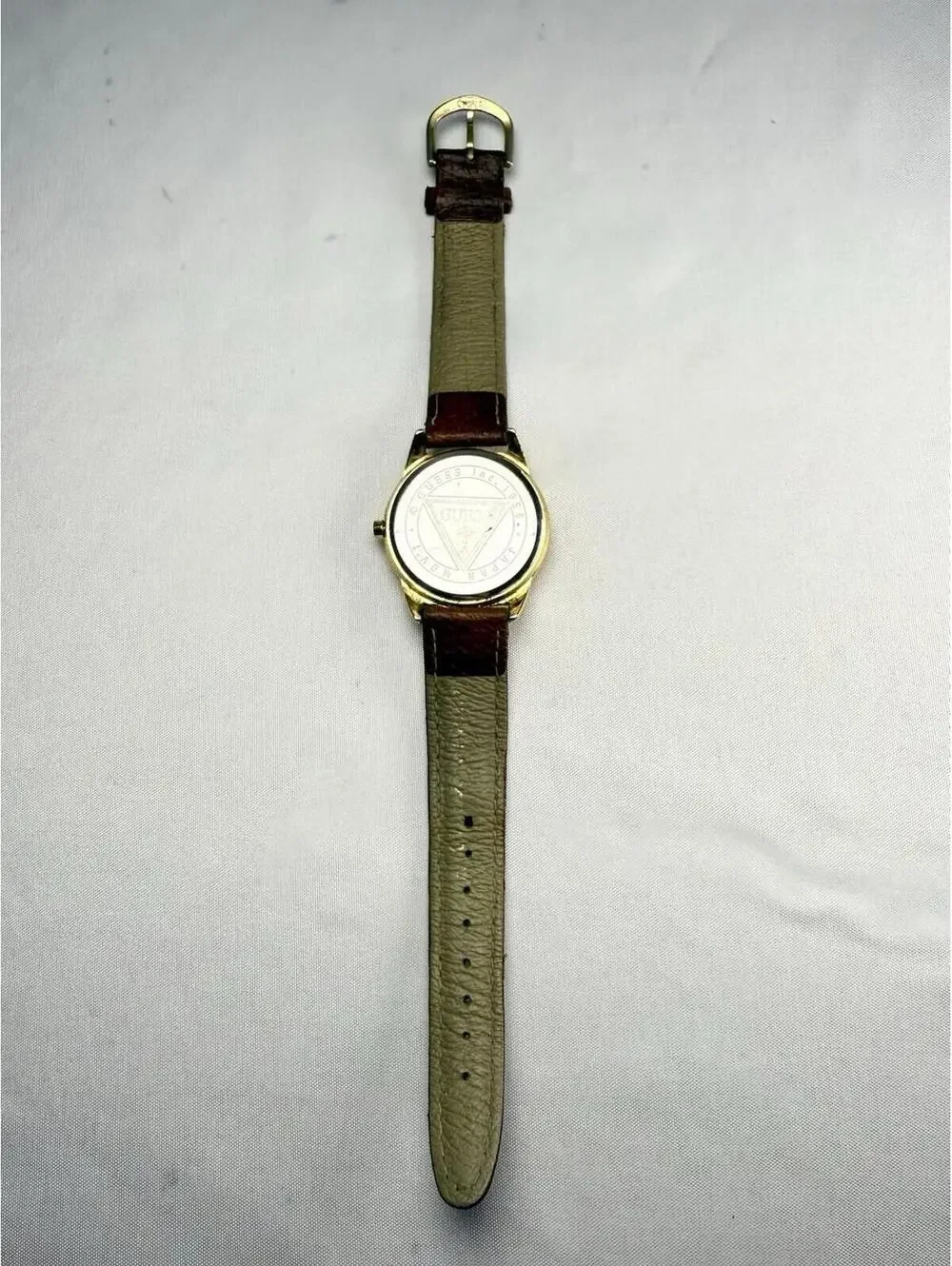 GUESS Vintage VTG Women’s Watch Gold Dial Brown Leather Band Loose Back Plate